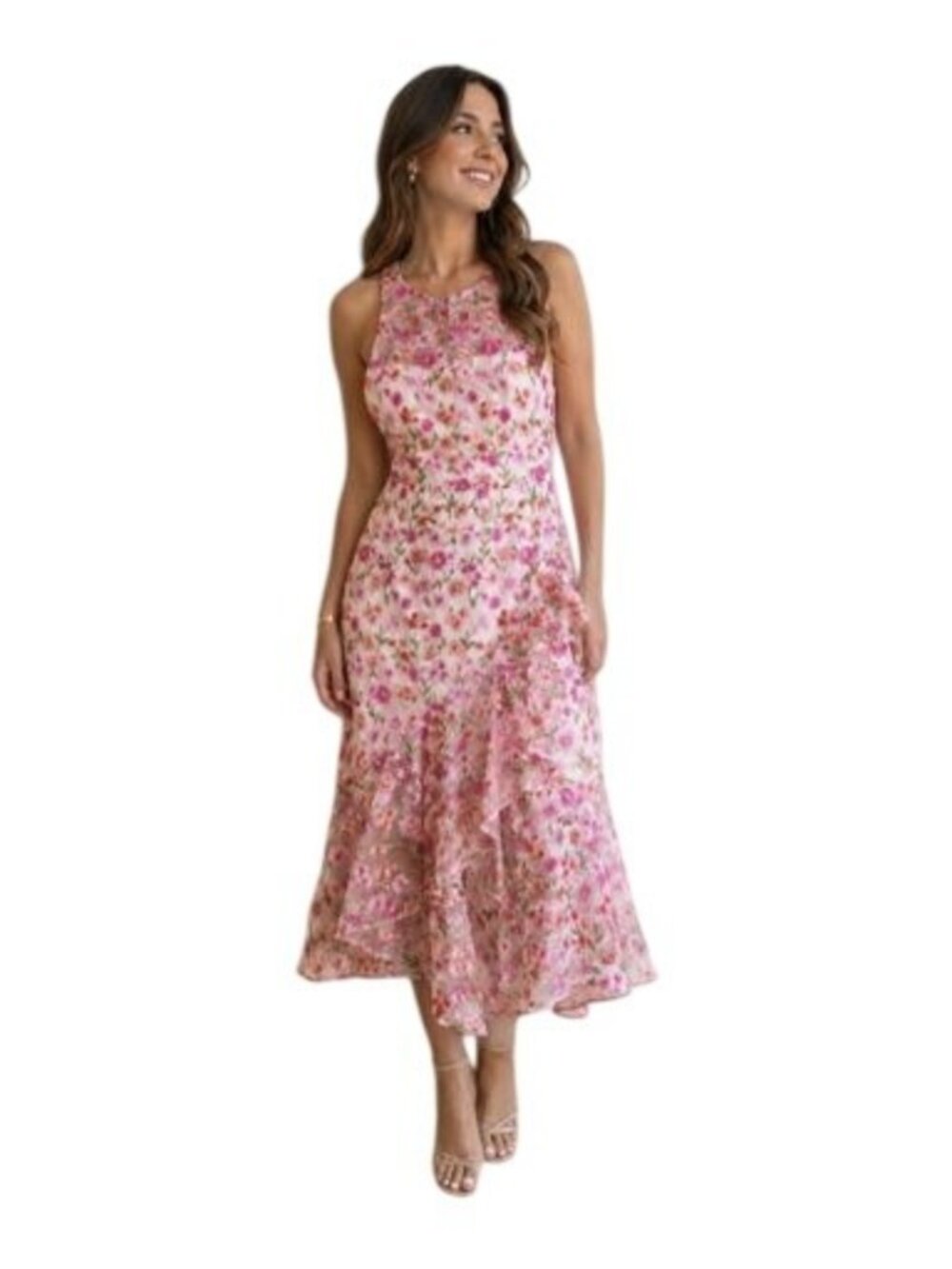 Adrianna Papell Floral Embroidered Midi Dress With Ruffled Hem Sleeveless Size 6